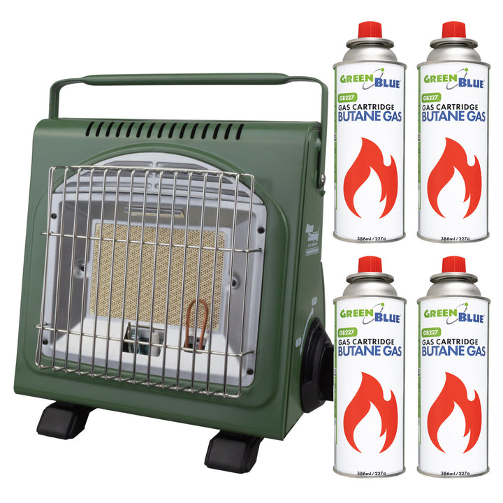 Aragaz portabil Alpen Camping, 2 în 1, consum de gaz 124 g/h, aprindere piezoelectrică, ICELAND IK-1000 PRO+ 4 cartușe de gaz de 227 g GreenBlue. Certificat: Pi 0875, conform standardului EN417
