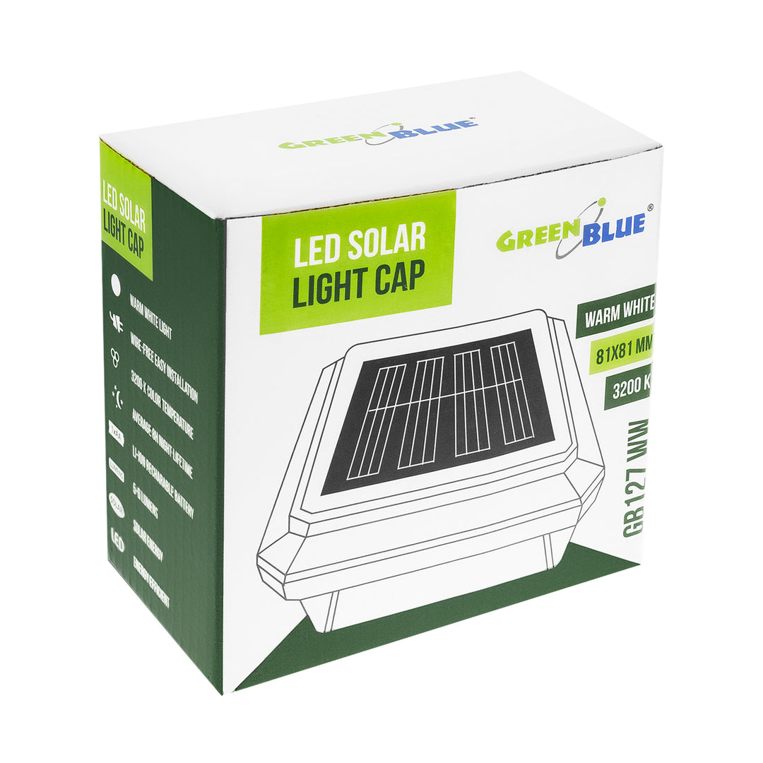 Lampă solară cu LED pentru stâlp GreenBlue, 80x80 mm, capac în formă de plic, 3200 K, GB127 WW, 2 bucăți