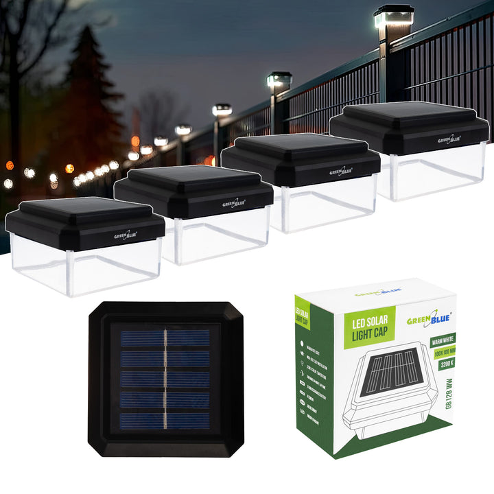 Lampă solară cu LED pentru stâlp GreenBlue, 100x100 mm, capac în formă de plic, 3200 K, GB128 WW, 4 bucăți