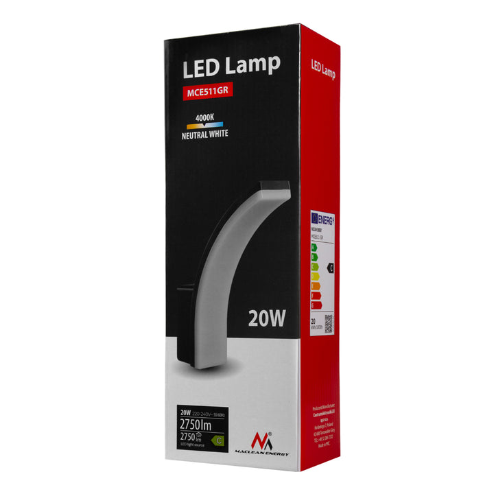 Lampă LED Maclean, culoare gri, 20 W, IP65, 2750 lm, lumină albă neutră (4000 K) MCE511 GR, 2 bucăți