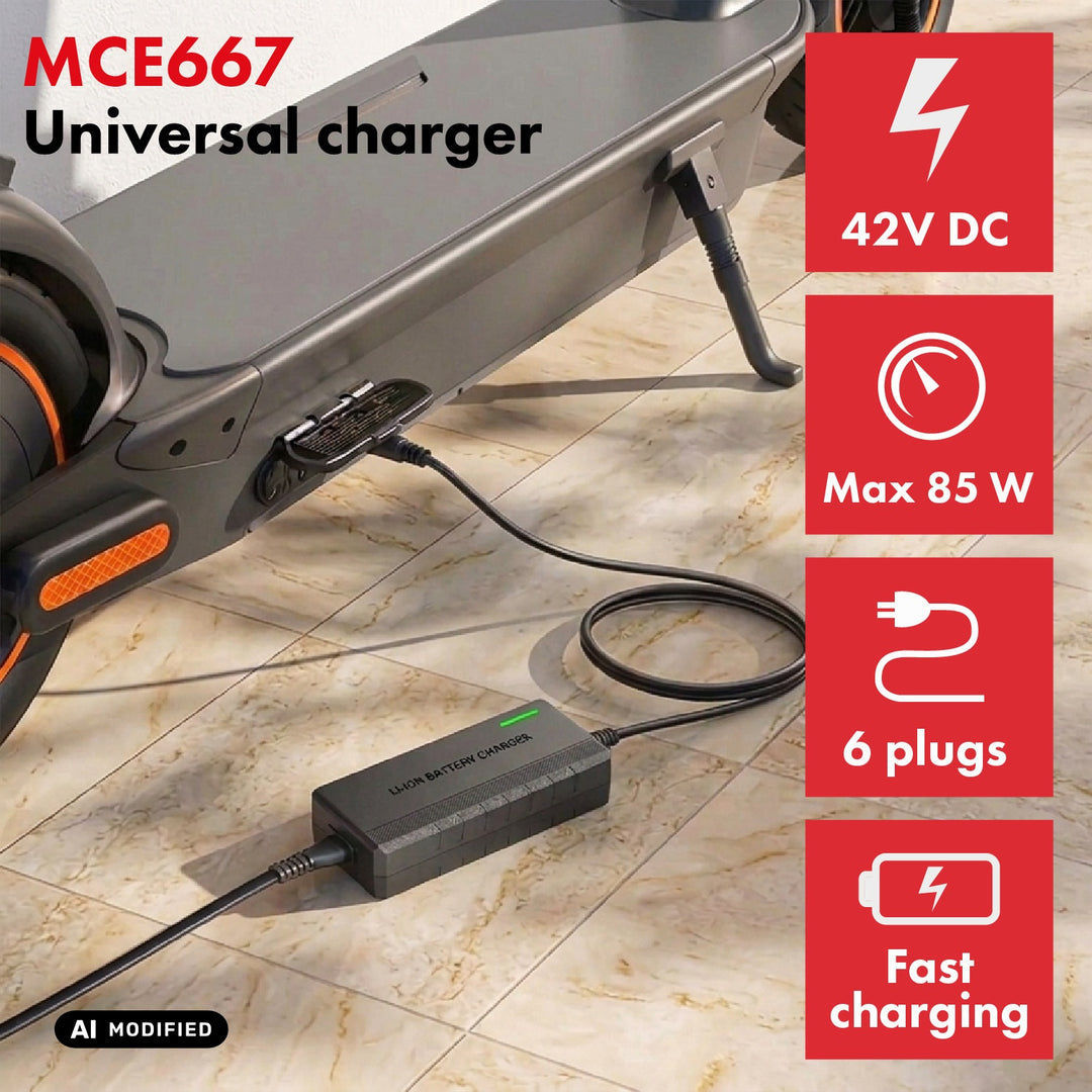 Încărcător universal / Adaptor de alimentare Maclean Energy, pentru trotinete electrice, 42 V c.c., 2 A, max. 85 W, încărcare rapidă, 6 prize, MCE667