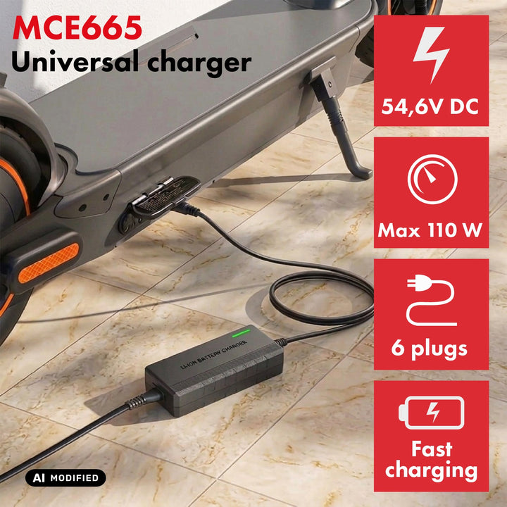 Încărcător universal / Adaptor de alimentare Maclean Energy, pentru trotinete electrice, 54,6 V c.c., 2 A, max. 110 W, încărcare rapidă, 6 prize, MCE665