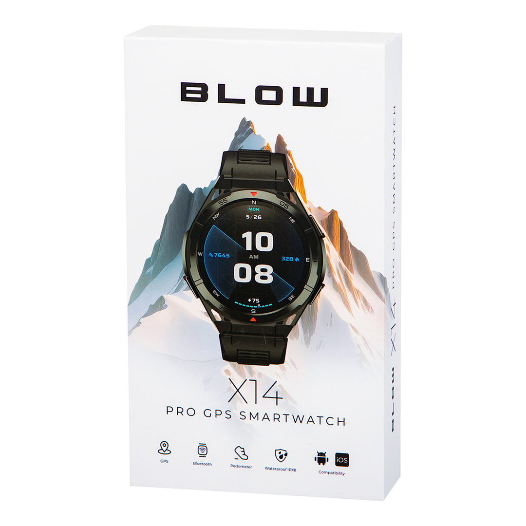 Ceas inteligent BLOW X14 Pro, ecran AMOLED de 1,43", baterie de 490 mAh, GPS, 4 GB RAM și 256 MB memorie, funcții de monitorizare a sănătății, 2 culori de curea, 89-016#