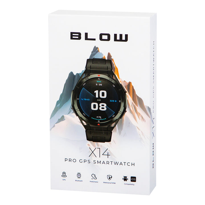 Ceas inteligent BLOW X14 Pro, ecran AMOLED de 1,43", baterie de 490 mAh, GPS, 4 GB RAM și 256 MB memorie, funcții de monitorizare a sănătății, 2 culori de curea, 89-016#
