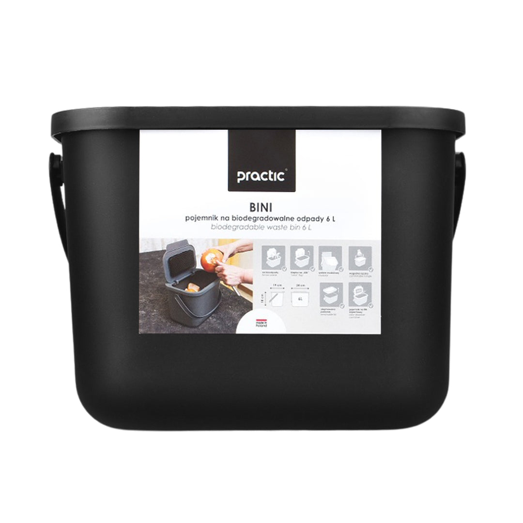 Coș pentru deșeuri organice de 6 l, negru, Bini Practic + 5 filtre cu cărbune Practic