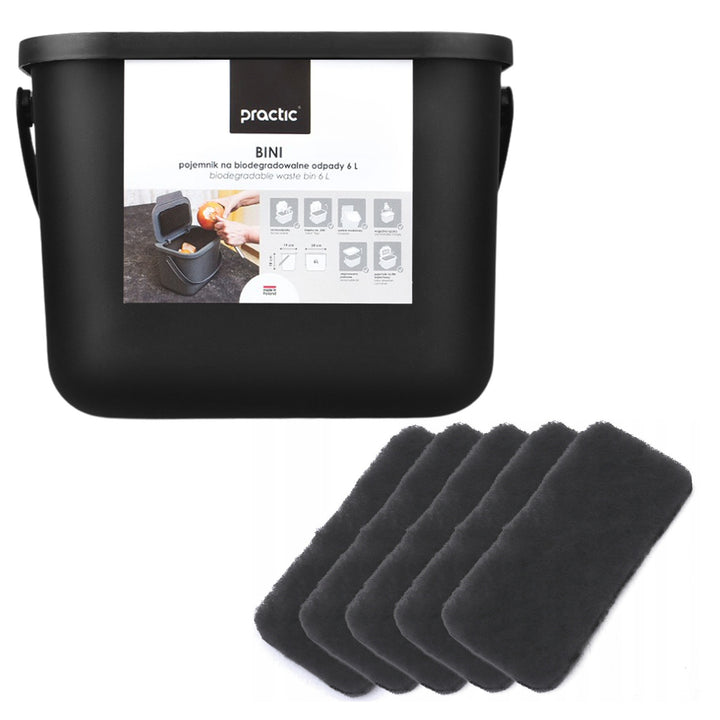 Coș pentru deșeuri organice de 6 l, negru, Bini Practic + 5 filtre cu cărbune Practic