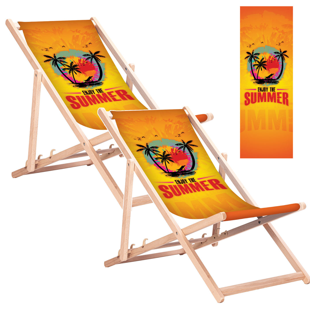 Șezlong clasic din lemn de fag GreenBlue GB183, model cu imprimeu „Enjoy The Summer”, 2 bucăți