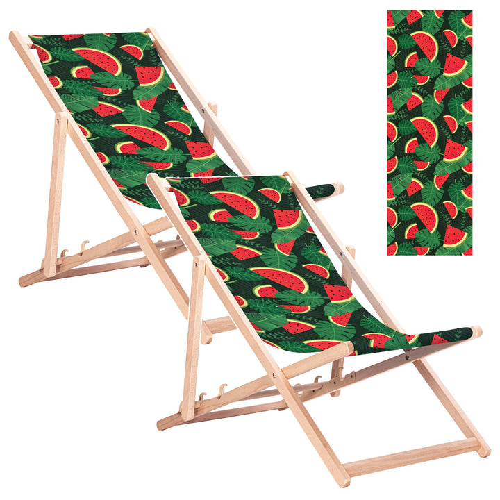 Șezlong clasic din lemn de fag GreenBlue GB183, model cu imprimeu „Pepene verde”, 2 bucăți