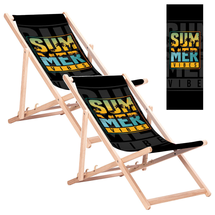Șezlong clasic din lemn de fag GreenBlue GB183, model cu imprimeu „Summer Vibes”, 2 bucăți