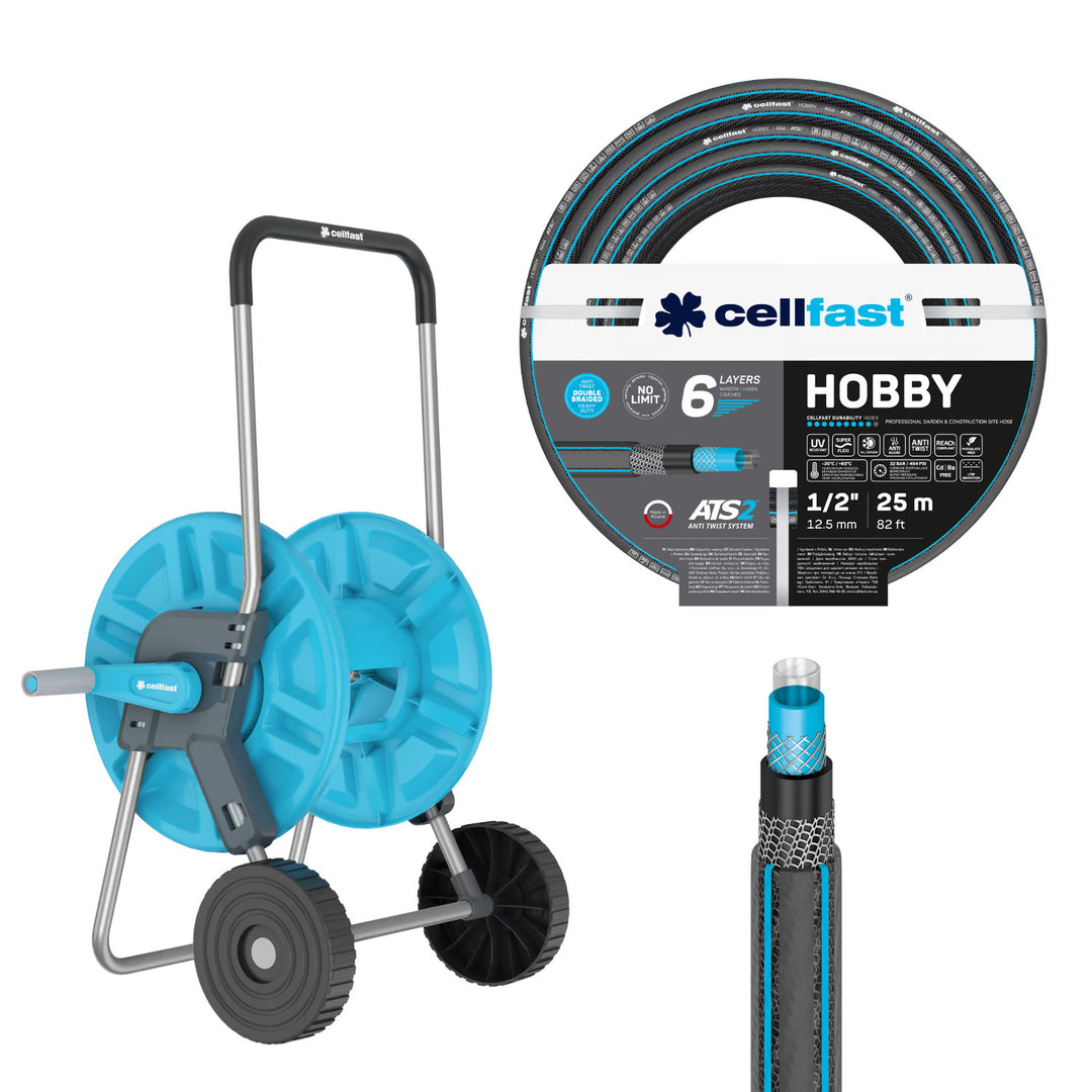 Cărucior pentru furtun Cellfast Aluplus 1/2" 60 m + furtun de grădină Cellfast Hobby ATS2 1/2" 25 m