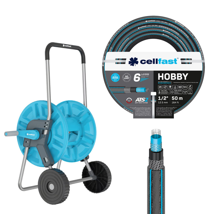 Cărucior pentru furtun Cellfast Aluplus 1/2" 60 m + furtun de grădină Cellfast Hobby ATS2 1/2" 50 m