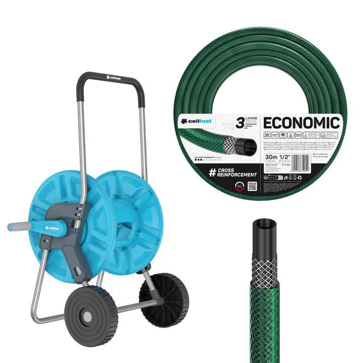 Cărucior pentru furtun Cellfast Aluplus 1/2" 60 m + furtun de grădină Cellfast Economic 1/2" 30 m