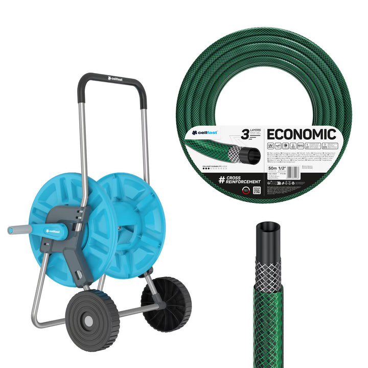 Cărucior pentru furtun Cellfast Aluplus 1/2" 60 m + furtun de grădină Cellfast Economic 1/2" 50 m