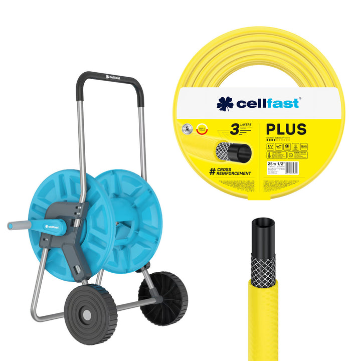 Cărucior pentru furtun Cellfast Aluplus 1/2" 60 m + furtun de grădină Cellfast Plus 1/2" 25 m