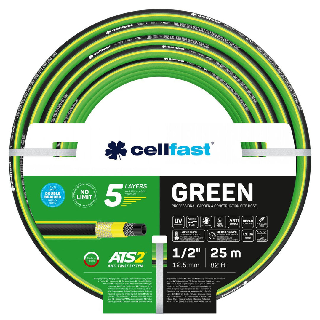 Cărucior pentru furtun Cellfast Aluplus 1/2" 60 m + furtun de grădină Cellfast Green ATS2 1/2" 25 m + set cu aspersor drept Cellfast Basic 1/2"
