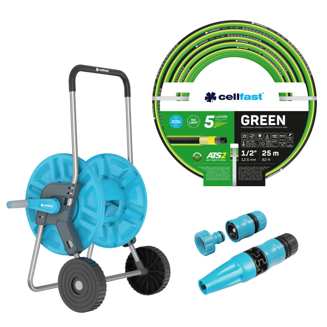 Cărucior pentru furtun Cellfast Aluplus 1/2" 60 m + furtun de grădină Cellfast Green ATS2 1/2" 25 m + set cu aspersor drept Cellfast Basic 1/2"