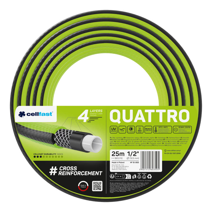 Cărucior pentru furtun Cellfast Aluplus 1/2" 60 m + furtun de grădină Cellfast Quattro 1/2" 25 m + set cu aspersor drept Cellfast Basic 1/2"