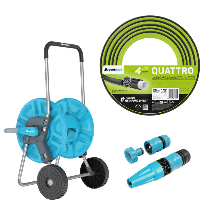 Cărucior pentru furtun Cellfast Aluplus 1/2" 60 m + furtun de grădină Cellfast Quattro 1/2" 25 m + set cu aspersor drept Cellfast Basic 1/2"