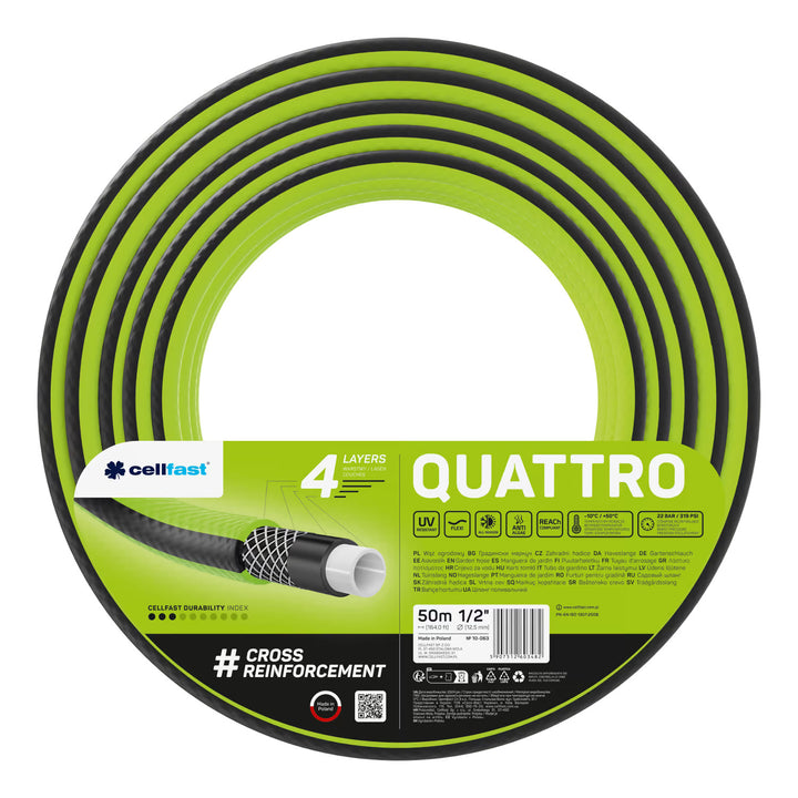 Cărucior pentru furtun Cellfast Aluplus 1/2" 60 m + furtun de grădină Cellfast Quattro 1/2" 50 m + set cu aspersor drept Cellfast Basic 1/2"