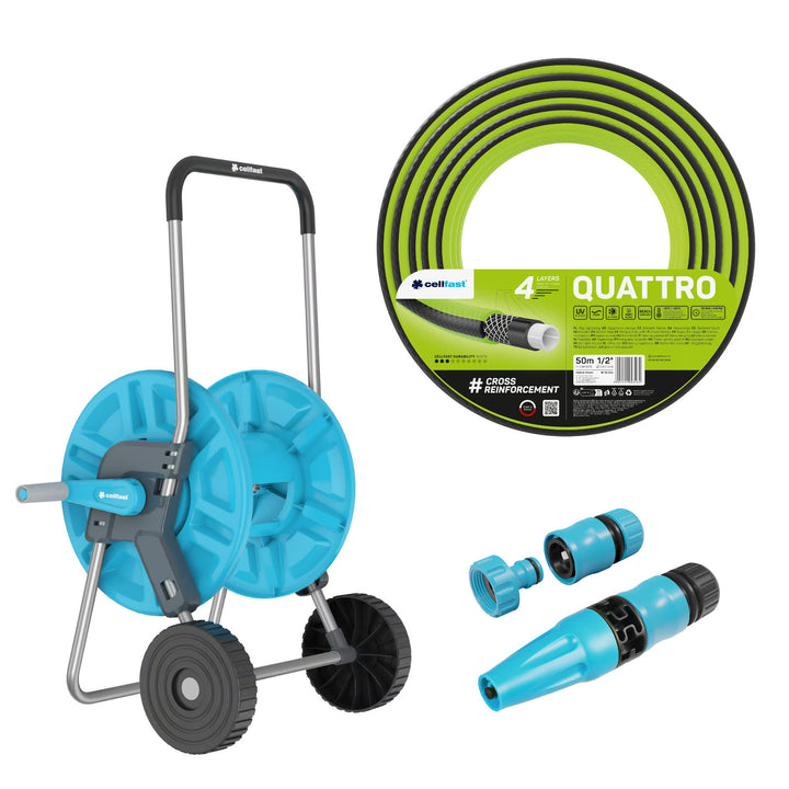 Cărucior pentru furtun Cellfast Aluplus 1/2" 60 m + furtun de grădină Cellfast Quattro 1/2" 50 m + set cu aspersor drept Cellfast Basic 1/2"