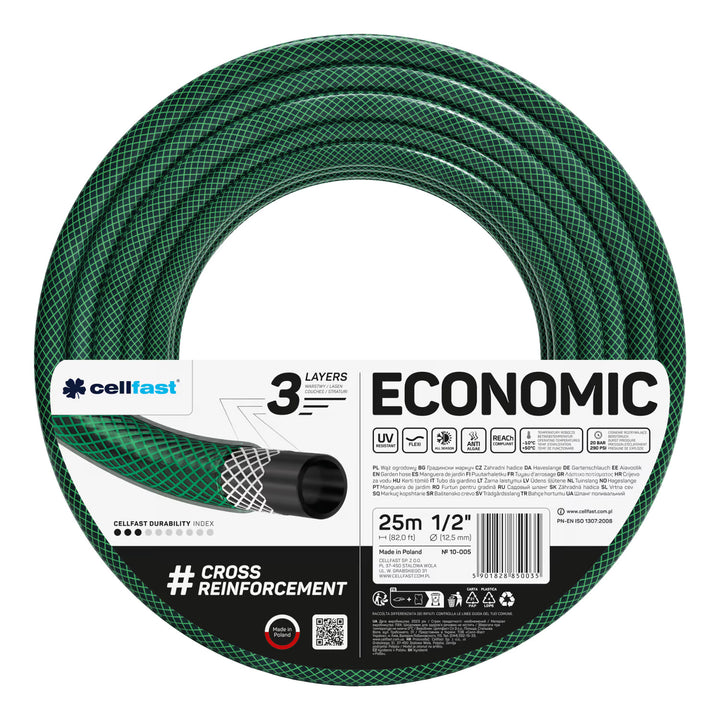 Cărucior pentru furtun Cellfast Aluplus 1/2" 60 m + furtun de grădină Cellfast Economic 1/2" 25 m + set cu aspersor drept Cellfast Basic 1/2"