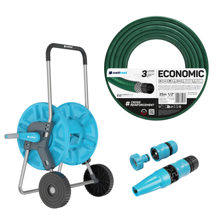 Cărucior pentru furtun Cellfast Aluplus 1/2" 60 m + furtun de grădină Cellfast Economic 1/2" 25 m + set cu aspersor drept Cellfast Basic 1/2"