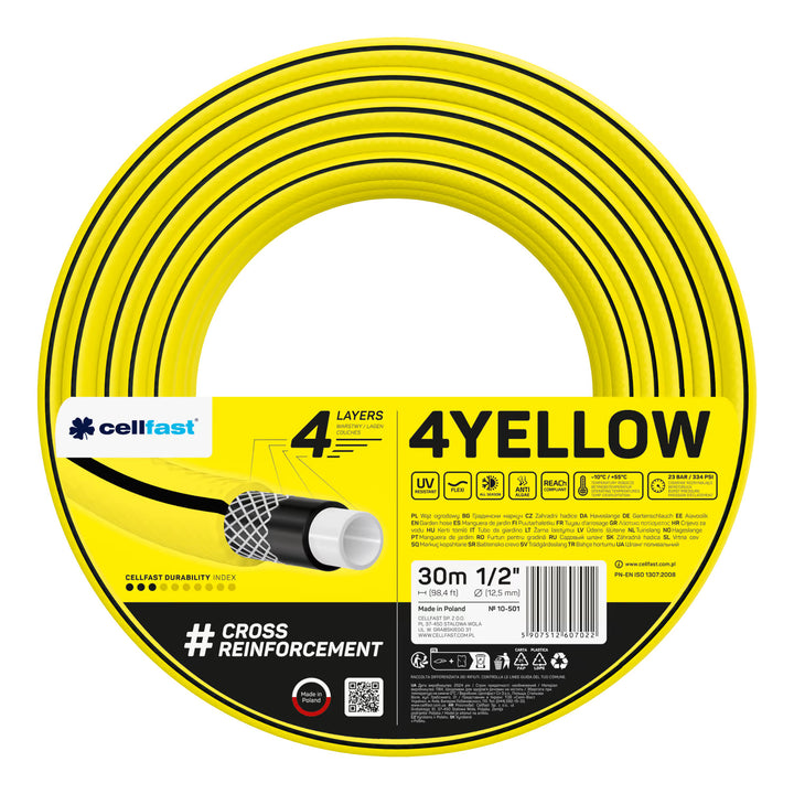 Cărucior pentru furtun Cellfast Aluplus 1/2" 60 m + furtun de grădină Cellfast 4YELLOW 1/2" 30 m + set cu aspersor drept Cellfast Basic 1/2"