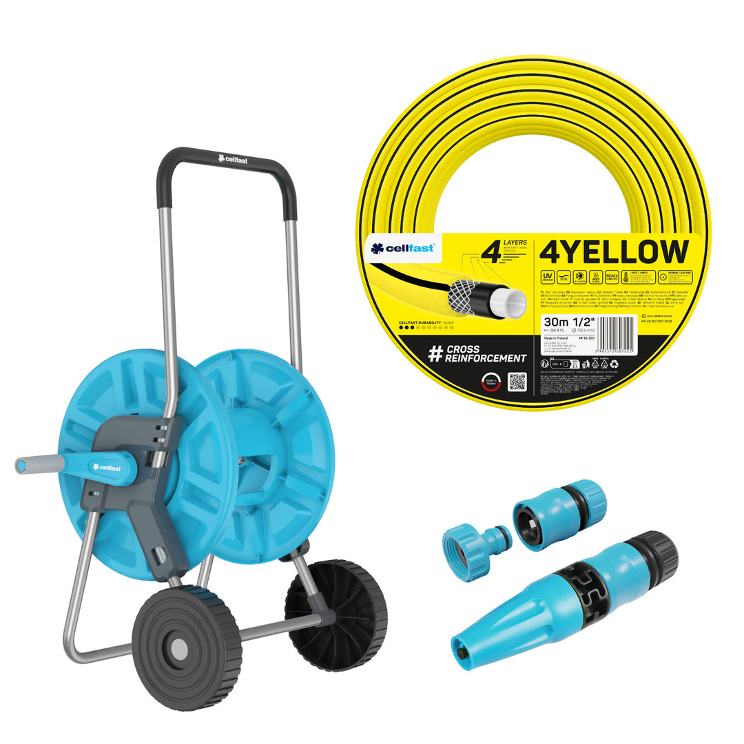 Cărucior pentru furtun Cellfast Aluplus 1/2" 60 m + furtun de grădină Cellfast 4YELLOW 1/2" 30 m + set cu aspersor drept Cellfast Basic 1/2"