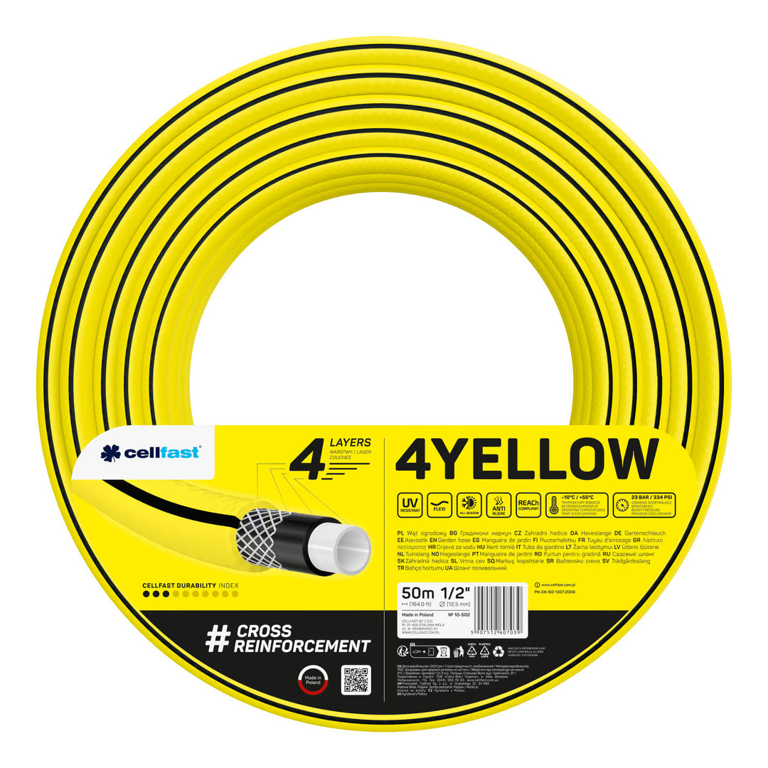 Cărucior pentru furtun Cellfast Aluplus 1/2" 60 m + furtun de grădină Cellfast 4YELLOW 1/2" 50 m + set cu aspersor drept Cellfast Basic 1/2"