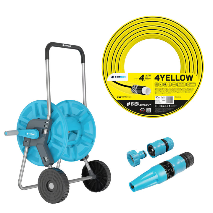 Cărucior pentru furtun Cellfast Aluplus 1/2" 60 m + furtun de grădină Cellfast 4YELLOW 1/2" 50 m + set cu aspersor drept Cellfast Basic 1/2"