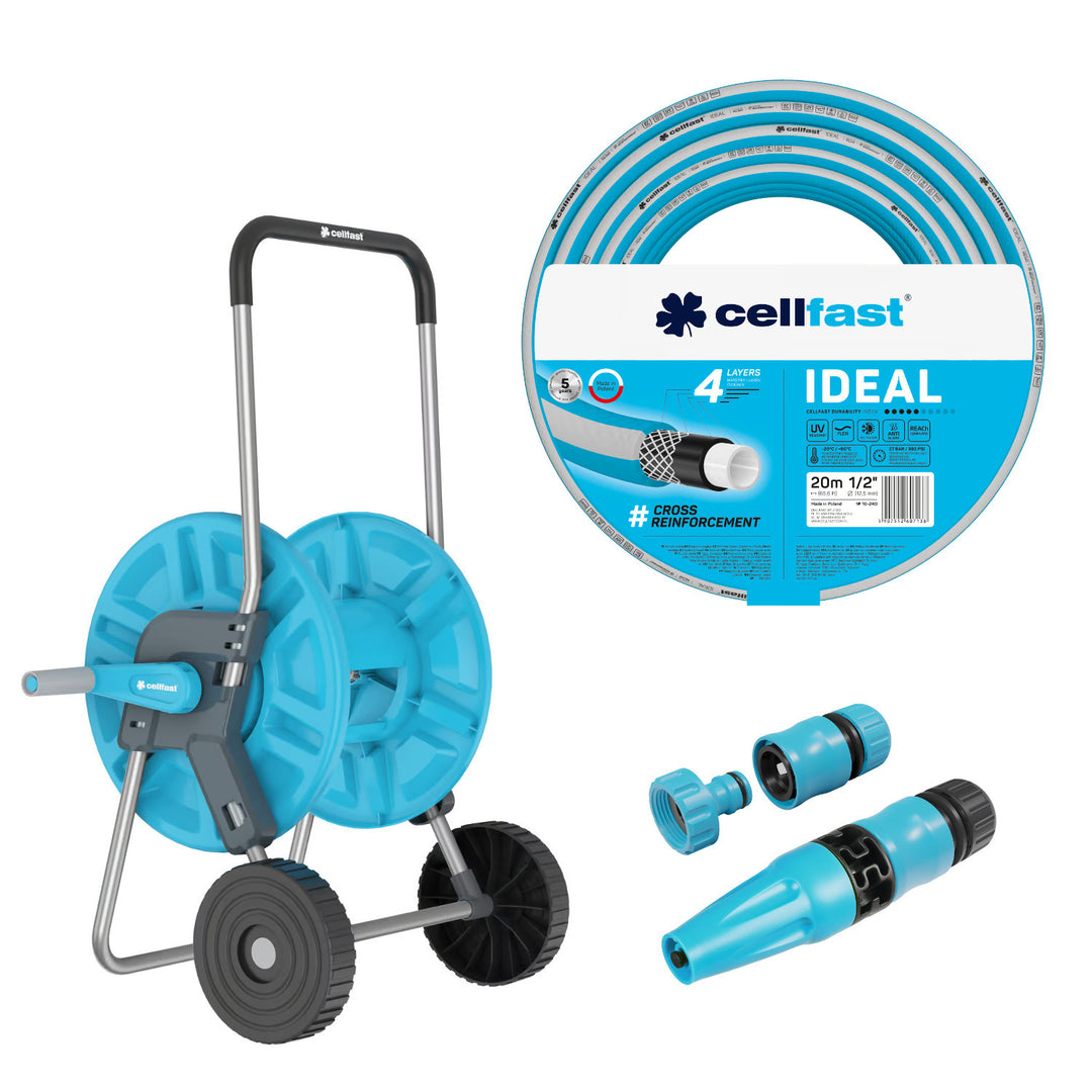 Cărucior pentru furtun Cellfast Aluplus 1/2" 60 m + Furtun de grădină Cellfast IDEAL 1/2" 20 m + Set cu aspersor drept Cellfast Basic 1/2"