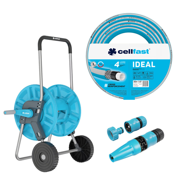 Cărucior pentru furtun Cellfast Aluplus 1/2" 60 m + Furtun de grădină Cellfast IDEAL 1/2" 30 m + Set cu aspersor drept Cellfast Basic 1/2"