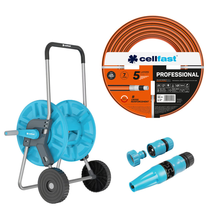 Cărucior pentru furtun Cellfast Aluplus 1/2" 60 m + Furtun de grădină Cellfast, PROFESSIONAL 1/2" 30 m + Set cu aspersor drept Cellfast Basic 1/2"