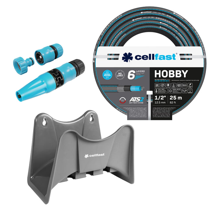 Furtun de grădină Cellfast Hobby ATS2 1/2" 25 m + suport pentru furtun Cellfast gri + set cu aspersor drept Cellfast Basic 1/2"