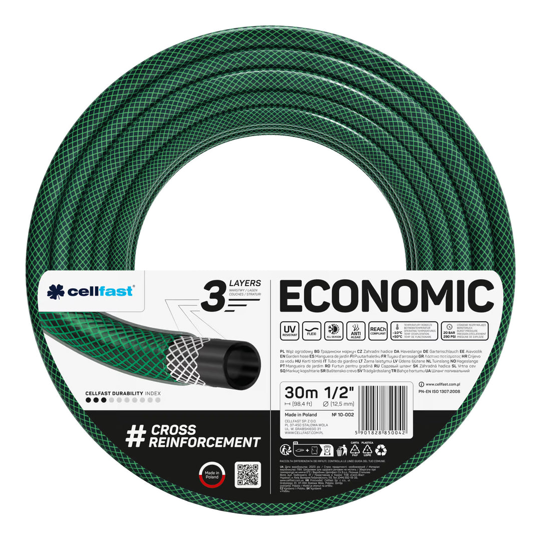 Furtun de grădină Cellfast Economic 1/2" 30 m + suport pentru furtun Cellfast gri + set cu aspersor drept Cellfast Basic 1/2"