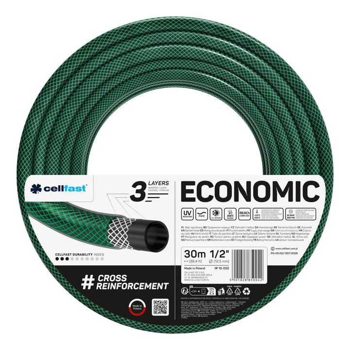 Furtun de grădină Cellfast Economic 1/2" 30 m + suport pentru furtun Cellfast gri + set cu aspersor drept Cellfast Basic 1/2"
