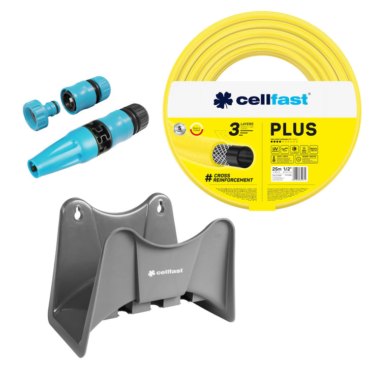 Furtun de grădină Cellfast Plus 1/2" 25 m + suport pentru furtun Cellfast gri + set cu aspersor drept Cellfast Basic 1/2"