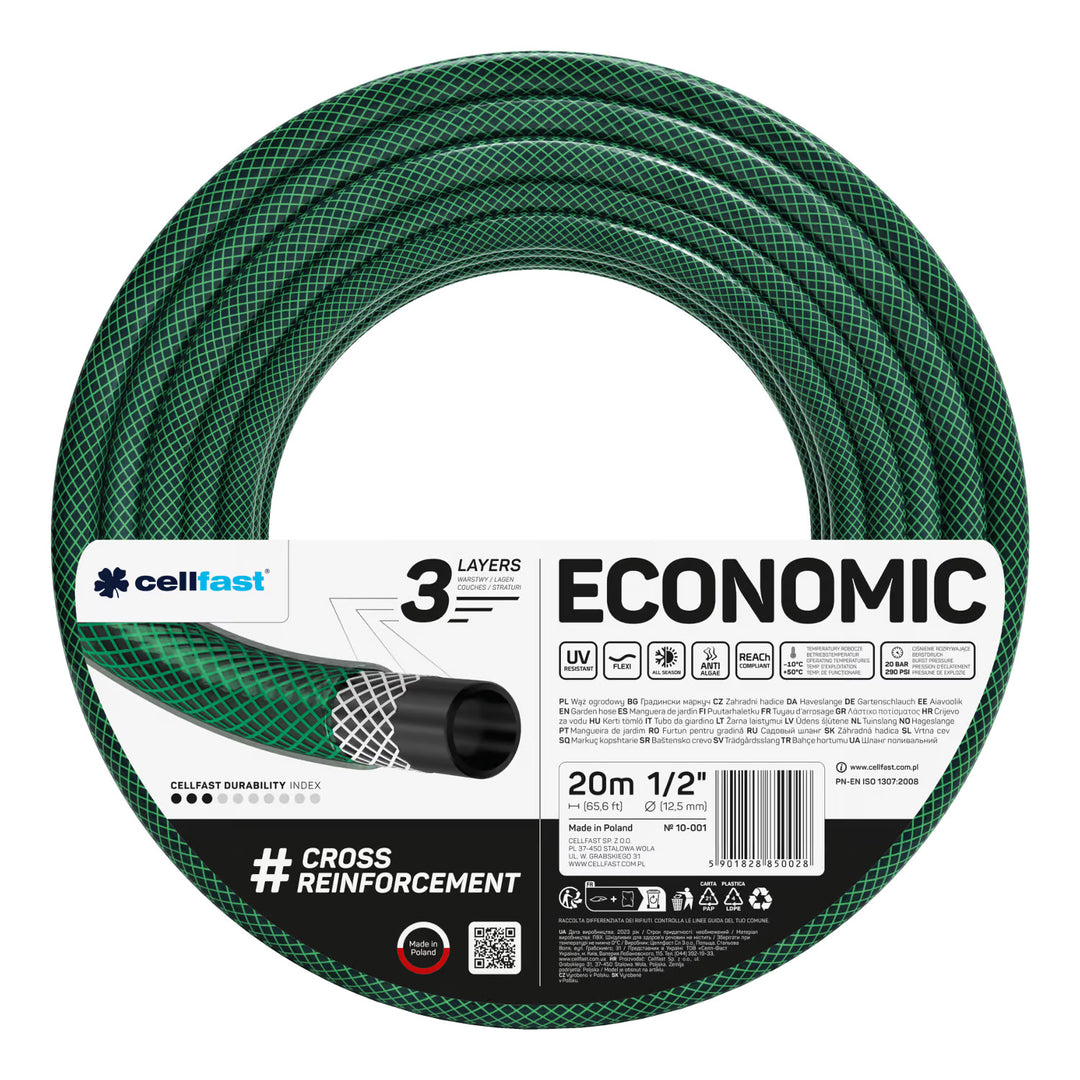 Furtun de grădină Cellfast Economic 1/2" 20 m + suport pentru furtun Cellfast gri + set cu aspersor drept Cellfast Basic 1/2"