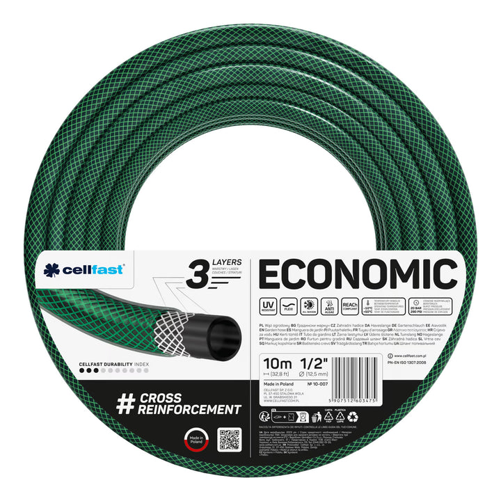 Furtun de grădină Cellfast Economic 1/2" 10 m + suport pentru furtun Cellfast gri + set cu aspersor drept Cellfast Basic 1/2"
