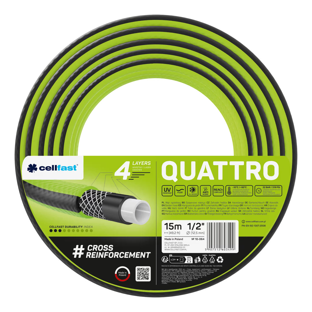 Furtun de grădină Cellfast Quattro 1/2" 15 m + suport pentru furtun Cellfast gri + set cu aspersor drept Cellfast Basic 1/2"