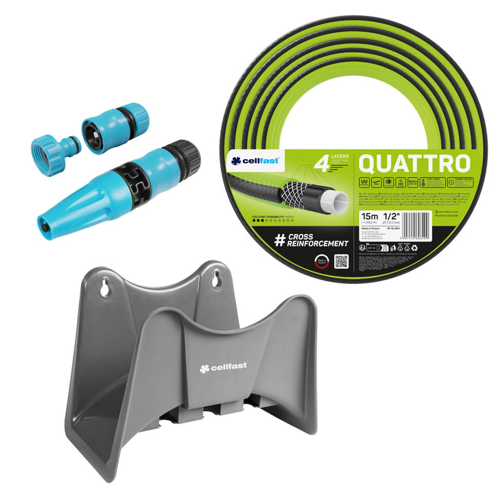 Furtun de grădină Cellfast Quattro 1/2" 15 m + suport pentru furtun Cellfast gri + set cu aspersor drept Cellfast Basic 1/2"