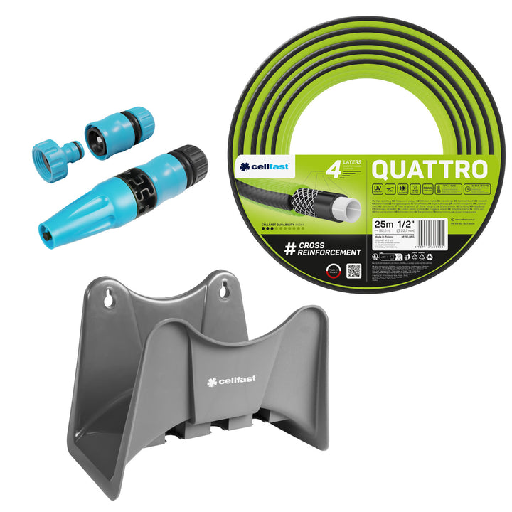 Furtun de grădină Cellfast Quattro 1/2" 25 m + suport pentru furtun Cellfast gri + set cu aspersor drept Cellfast Basic 1/2"