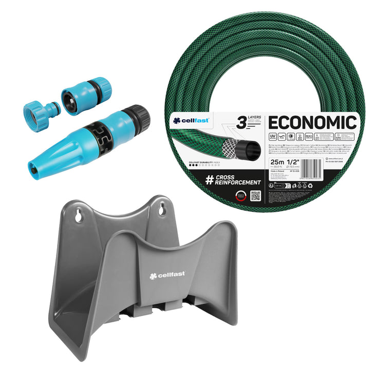 Furtun de grădină Cellfast Economic 1/2" 50 m + suport pentru furtun Cellfast gri + set cu aspersor drept Cellfast Basic 1/2"