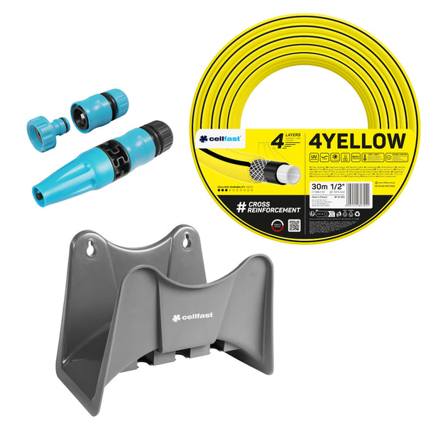 Furtun de grădină Cellfast 4YELLOW 1/2" 30 m + suport pentru furtun Cellfast gri + set cu aspersor drept Cellfast Basic 1/2"