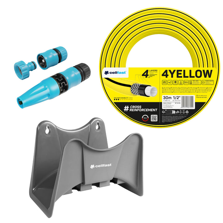 Furtun de grădină Cellfast 4YELLOW 1/2" 30 m + suport pentru furtun Cellfast gri + set cu aspersor drept Cellfast Basic 1/2"