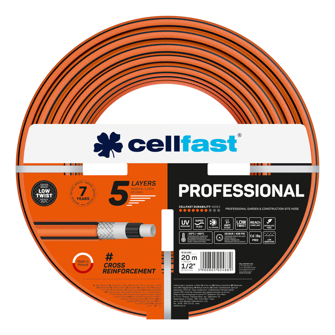 Furtun de grădină Cellfast, PROFESSIONAL 1/2" 20 m + suport pentru furtun Cellfast gri + set cu aspersor drept Cellfast Basic 1/2"