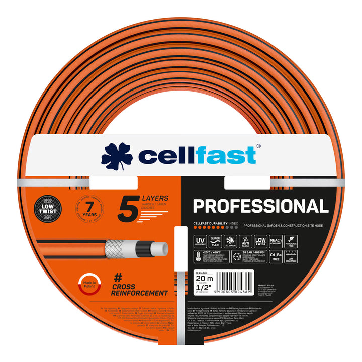 Furtun de grădină Cellfast, PROFESSIONAL 1/2" 20 m + suport pentru furtun Cellfast gri + set cu aspersor drept Cellfast Basic 1/2"