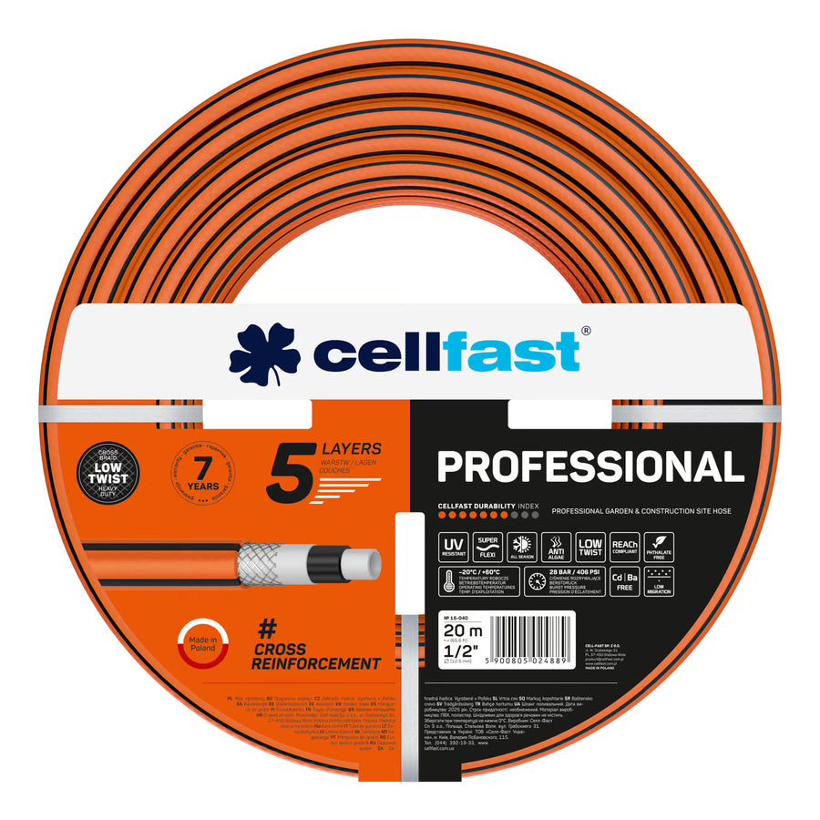 Furtun de grădină Cellfast, PROFESSIONAL 1/2" 20 m + suport pentru furtun Cellfast gri + set cu aspersor drept Cellfast Basic 1/2"