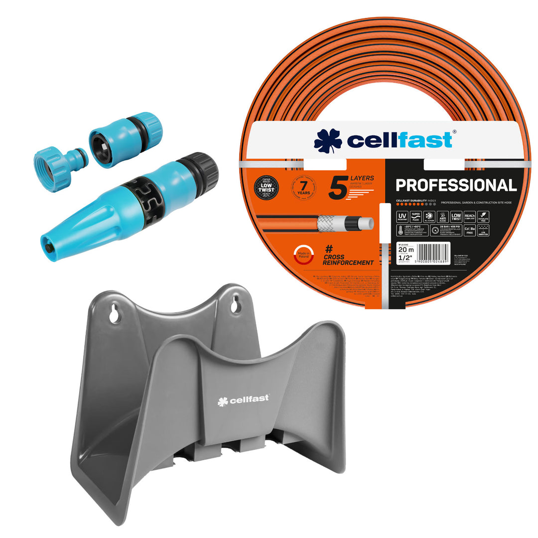 Furtun de grădină Cellfast, PROFESSIONAL 1/2" 20 m + suport pentru furtun Cellfast gri + set cu aspersor drept Cellfast Basic 1/2"