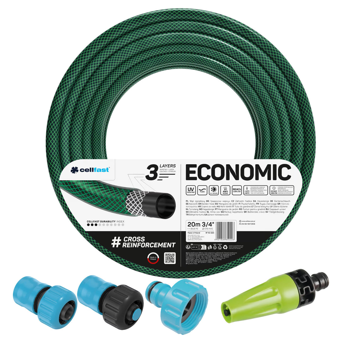 Furtun de grădină Cellfast Economic 3/4" 20 m + aspersor drept + racord cu filet interior de 3/4" + racord rapid de trecere și de oprire de 3/4"